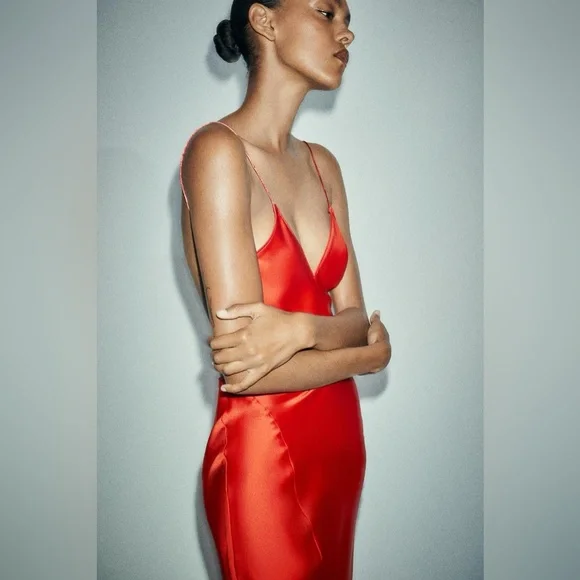 Zara NWT Romantic Blood Red Satin Effect V Neck Open Back Maxi Dress (Size XS) - Picture 2 of 10